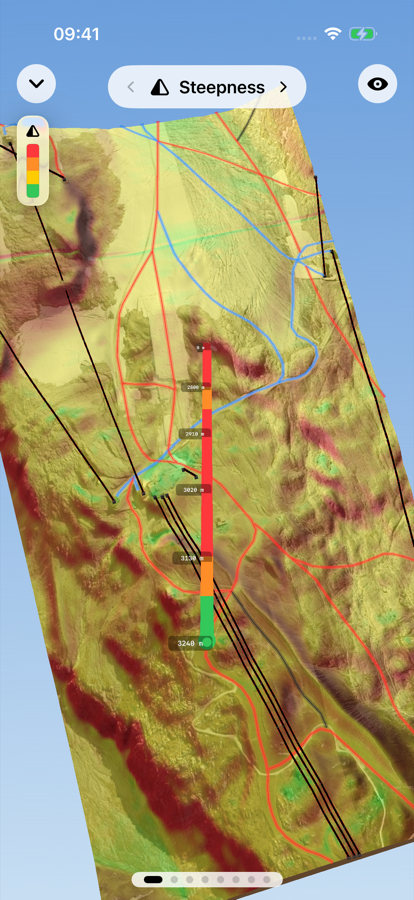 3D terrain view showing a steepness-colored analysis line down the mountain