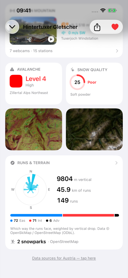 Avalanche level, snow quality score, terrain overlays, and run statistics as tappable cards