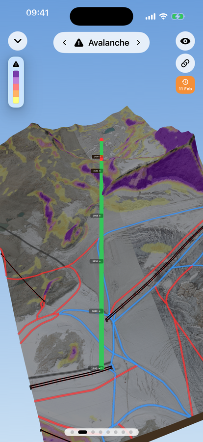 Next Gen 3D terrain profile colored by the Avalanche lens, with the elevation profile marked by slope angle