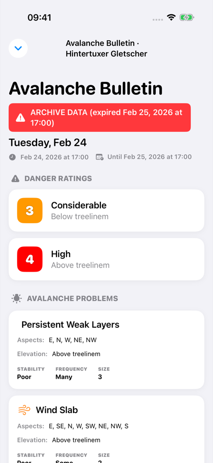 The official ALBINA avalanche bulletin with regional danger rating, placed in the app