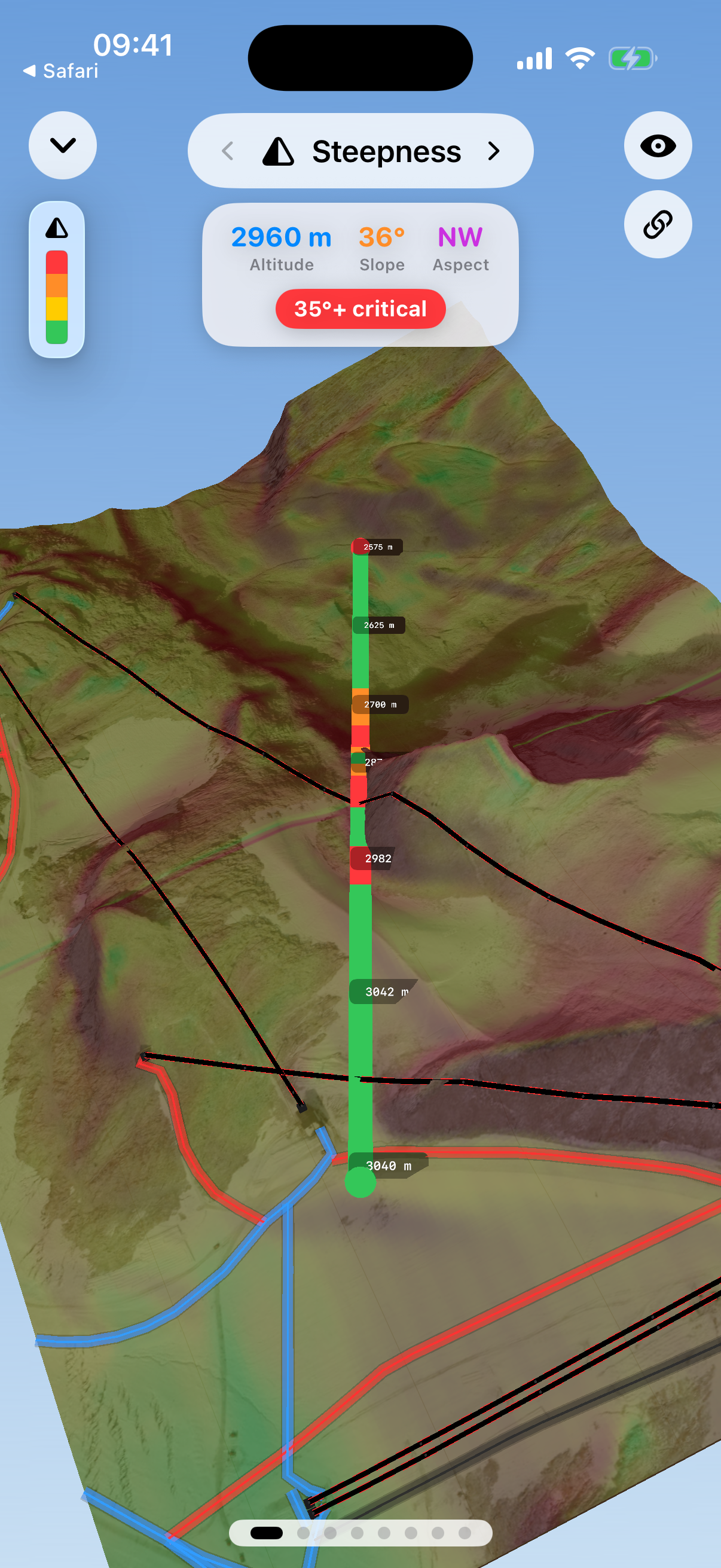 Next Gen 3D terrain profile with a finger held on the shot line, showing a live readout of altitude, slope angle, and aspect at that point