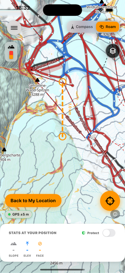 Map colored by the Cliff / No-Fall layer, marking steep terrain in red and orange