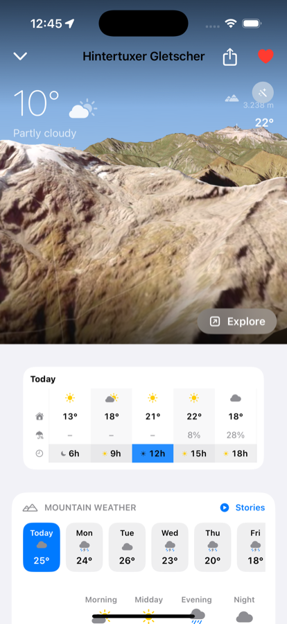 Resort detail page for Hintertuxer Gletscher with a filled red heart icon in the top-right corner