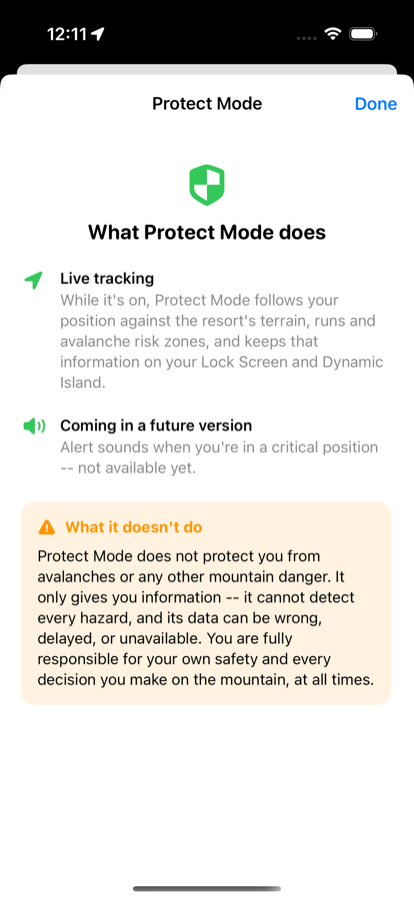 Protect Mode info sheet listing what it does and, in an orange warning box, what it doesn't do