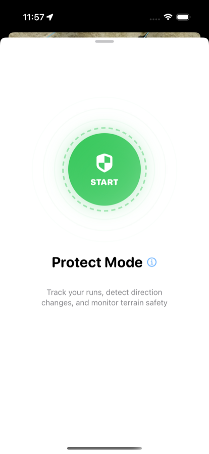 Protect Mode start screen with a large green shield START button