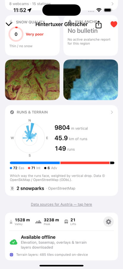 Resort detail page showing Available offline with elevation, basemap, overlays and terrain layers downloaded