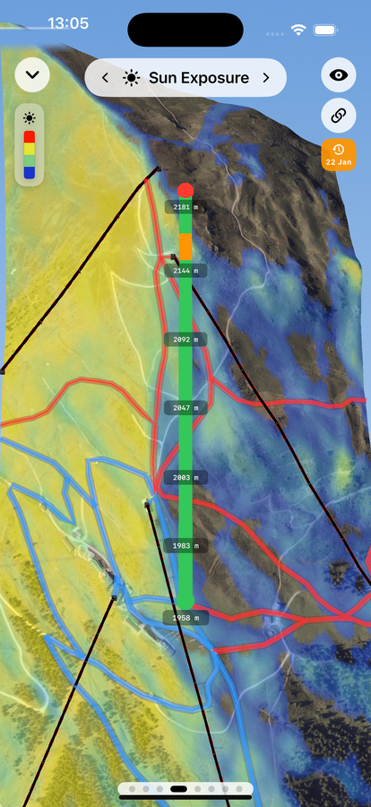 The same shot line colored by Sun Exposure on January 22nd, showing less midslope sun