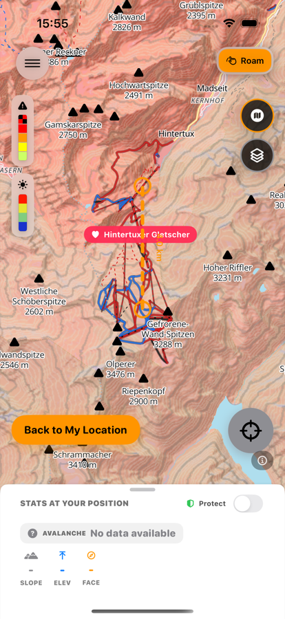 Map colored by Sun Exposure, showing which slopes have caught the most sun through the day