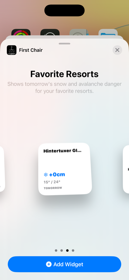 Favorite Resorts widget preview showing tomorrow's snow and temperature for Hintertuxer Gletscher