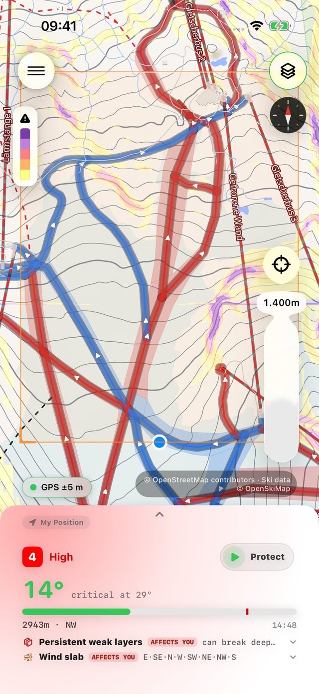 Map with the Avalanche lens: avalanche terrain marked in red over the ski area