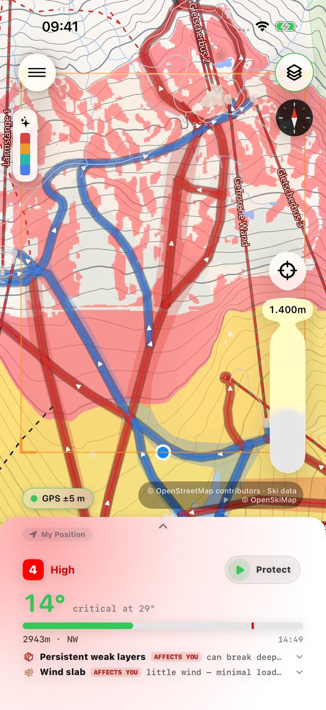 Map with the Snow quality lens: slopes scored by how good the snow is likely to be
