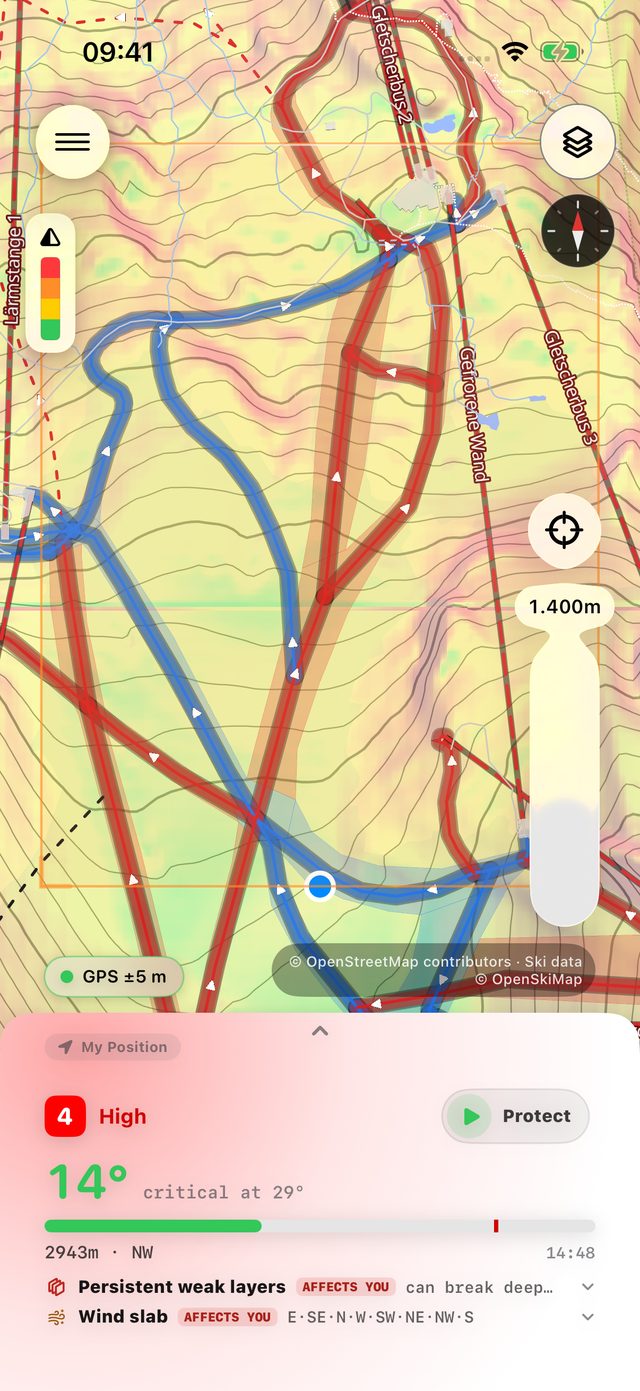 Map with the Steepness lens: slopes coloured from green to red by angle