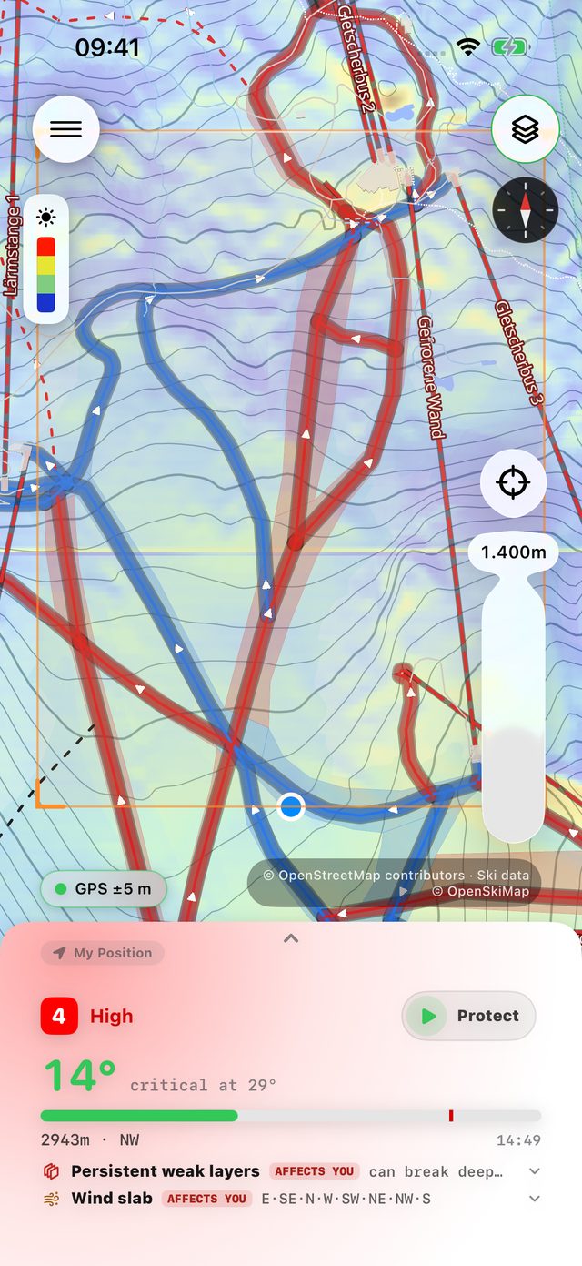 Map with the Sun exposure lens: sunny and shaded slopes in warm and cool tones