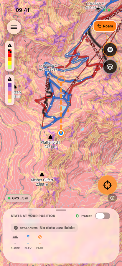 2D map colored by avalanche-relevant slope angle bands