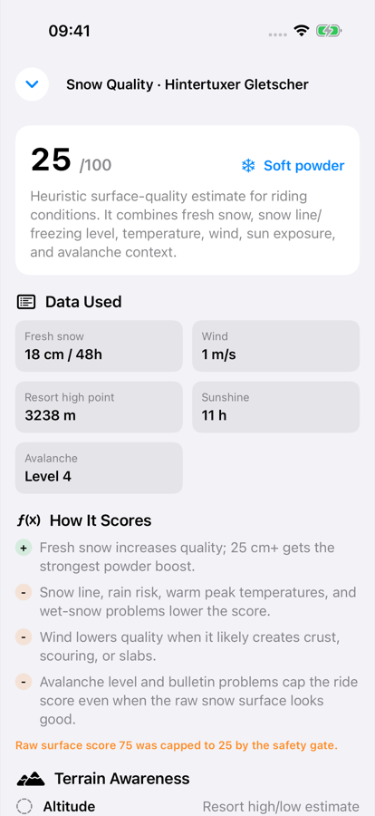 Snow quality score of 25 out of 100, with a transparent breakdown of what raised and lowered it