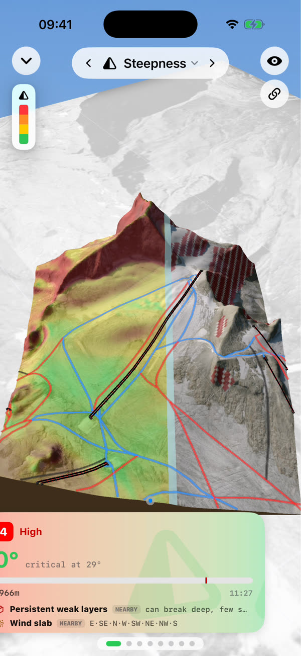 3D shot mid-swipe: steepness lens on the left, avalanche lens revealed on the right, the card sliding with the finger