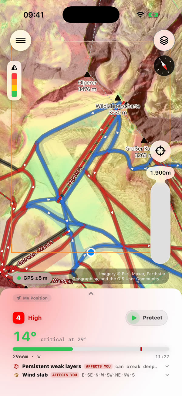 Map with the position card: danger level 4 High, 14 degree slope against a critical 29 degrees, and the Protect play button