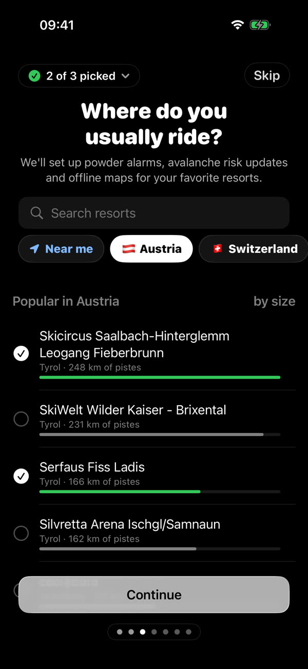 Onboarding resort picker: Popular in Austria by size, two resorts picked, country chips with flags